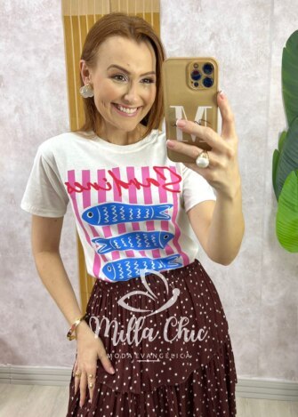 T shirt Sardinha 100% algodão - Off White - Milla Chic