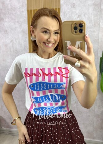 T shirt Sardinha 100% algodão - Off White - Milla Chic