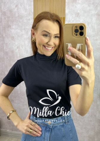 T-shirt Zaia Em Malha Gola Alta - Preta - Milla Chic