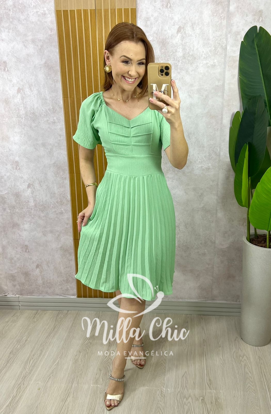 Milla Chic - millachic com br vestido alana plissado verde 1 Vestido Alana Plissado - Verde - Milla Chic