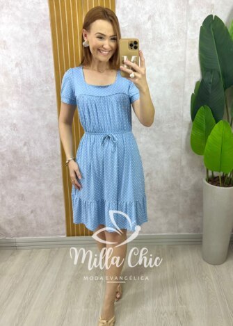 Vestido Amanda Comfy em Viscolycra Poá - Azul Baby - Milla Chic