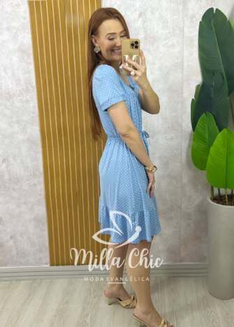 Vestido Amanda Comfy em Viscolycra Poá - Azul Baby - Milla Chic