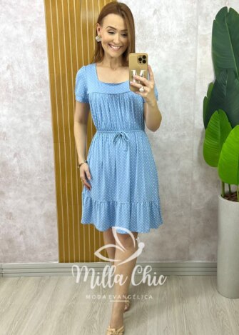Vestido Amanda Comfy em Viscolycra Poá - Azul Baby - Milla Chic