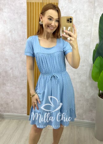 Vestido Amanda Comfy em Viscolycra Poá - Azul Baby - Milla Chic