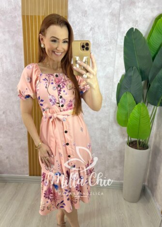 Vestido Angélica Estampado em Alfaiataria - Pêssego - Milla Chic