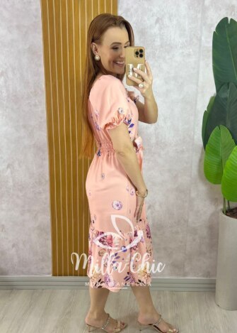 Vestido Angélica Estampado em Alfaiataria - Pêssego - Milla Chic