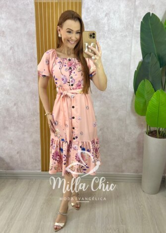 Vestido Angélica Estampado em Alfaiataria - Pêssego - Milla Chic