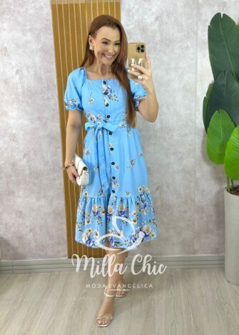 Vestido Angélica Estampado em Alfaiataria - Azul Celeste - Milla Chic