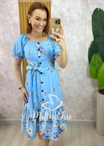 Vestido Angélica Estampado em Alfaiataria - Azul Celeste - Milla Chic