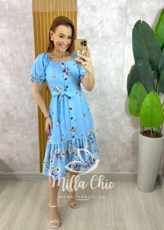 Vestido Angélica Estampado em Alfaiataria - Azul Celeste - Milla Chic