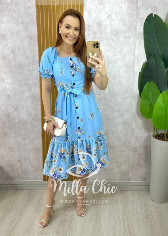 Vestido Angélica Estampado em Alfaiataria - Azul Celeste - Milla Chic