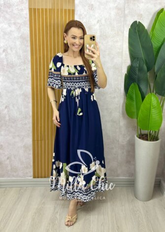 Vestido Armênia em Viscosarja - Azul Marinho - Milla Chic