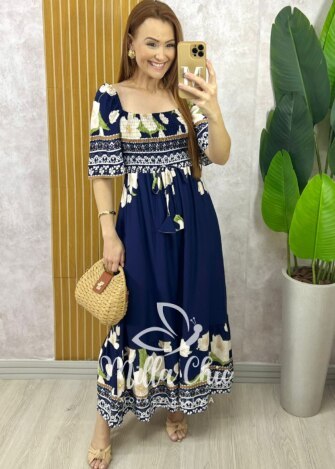 Vestido Armênia em Viscosarja - Azul Marinho - Milla Chic
