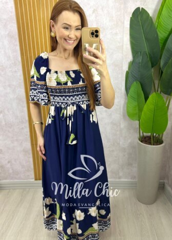Vestido Armênia em Viscosarja - Azul Marinho - Milla Chic