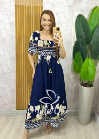 Vestido Armênia em Viscosarja - Azul Marinho - Milla Chic