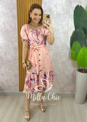 Vestido Angélica Estampado em Alfaiataria - Pêssego - Milla Chic