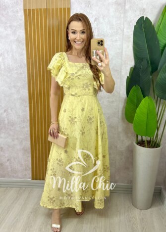 Vestido Ester em Lesie Algodão Bordada - Manteiga - Milla Chic