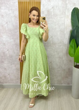 Vestido Ester em Lesie Algodão Bordada - Menta - Milla Chic