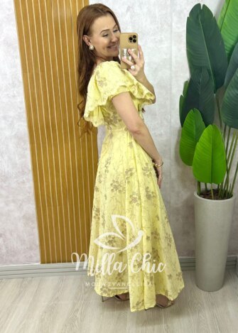 Vestido Ester em Lesie Algodão Bordada - Manteiga - Milla Chic