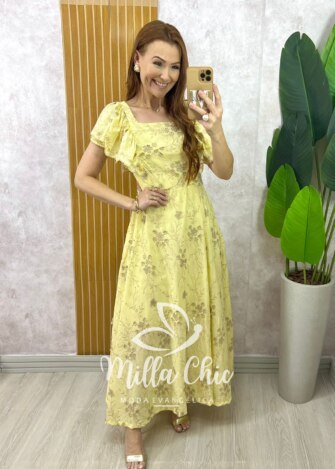 Vestido Ester em Lesie Algodão Bordada - Manteiga - Milla Chic