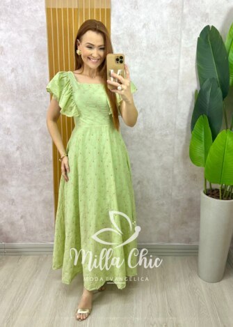Vestido Ester em Lesie Algodão Bordada - Menta - Milla Chic