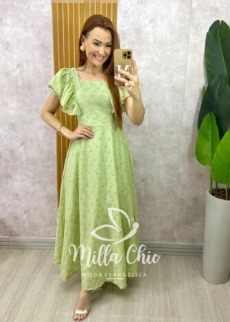 Vestido Ester em Lesie Algodão Bordada - Menta - Milla Chic