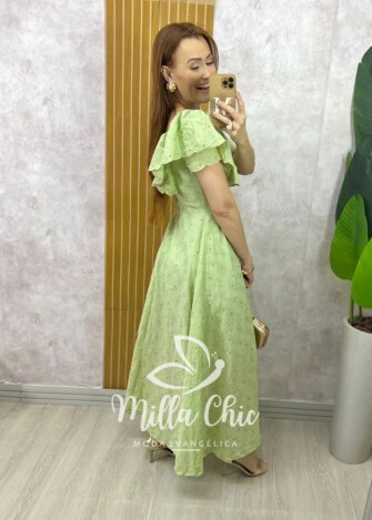 Vestido Ester em Lesie Algodão Bordada - Menta - Milla Chic