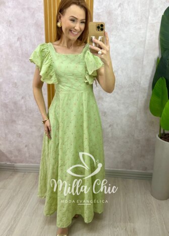 Vestido Ester em Lesie Algodão Bordada - Menta - Milla Chic