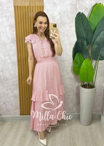 Vestido Eva em Viscolinho Listrado - Vermelho Goiaba - Milla Chic