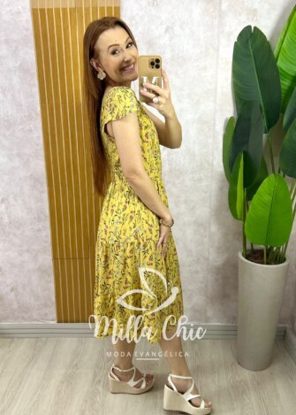 Vestido Filipa em Viscolinho - Amarelo - Milla Chic
