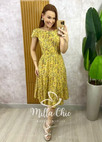Vestido Filipa em Viscolinho - Amarelo - Milla Chic