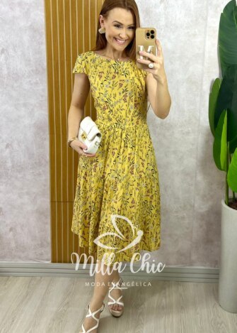 Vestido Filipa em Viscolinho - Amarelo - Milla Chic
