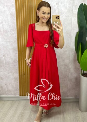 Vestido Gaby em Rayon Devorê - Vermelho - Milla Chic