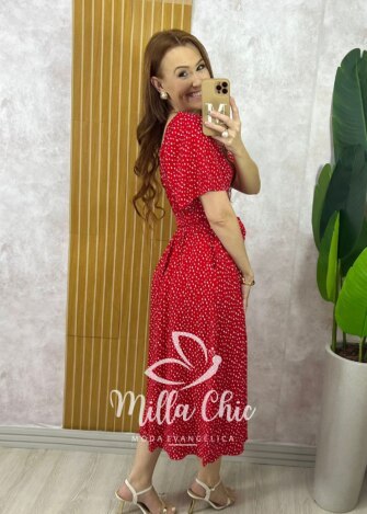 Vestido Geórgia Viscolinho Estampado - Vermelho Poá - Milla Chic