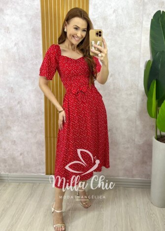 Vestido Geórgia Viscolinho Estampado - Vermelho Poá - Milla Chic