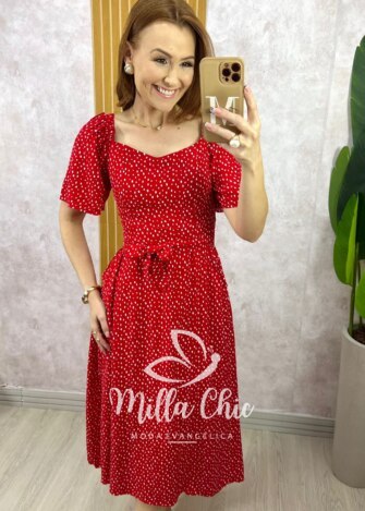 Vestido Geórgia Viscolinho Estampado - Vermelho Poá - Milla Chic
