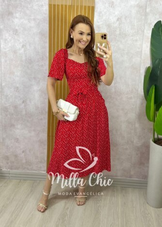 Vestido Geórgia Viscolinho Estampado - Vermelho Poá - Milla Chic