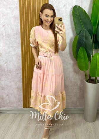 Vestido Guilhermina em Lesie Bordada - Rosa Pó - Milla Chic
