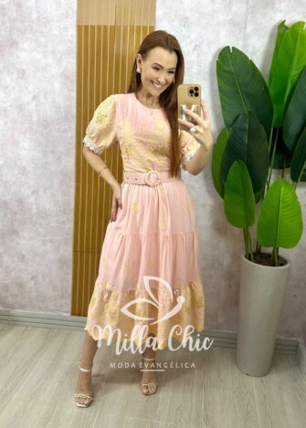 Vestido Guilhermina em Lesie Bordada - Rosa Pó - Milla Chic