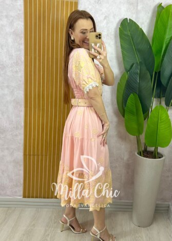 Vestido Guilhermina em Lesie Bordada - Rosa Pó - Milla Chic