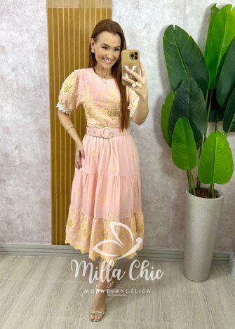 Vestido Guilhermina em Lesie Bordada - Rosa Pó - Milla Chic