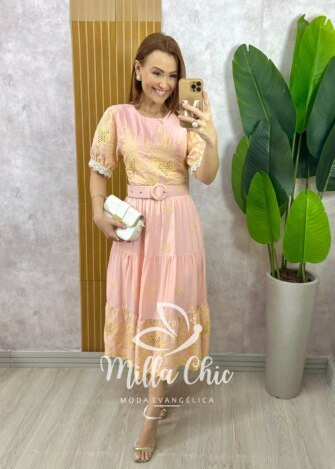 Vestido Guilhermina em Lesie Bordada - Rosa Pó - Milla Chic