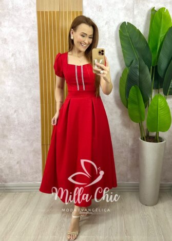 Vestido Jéssica com Guipper - Vermelho - Milla Chic