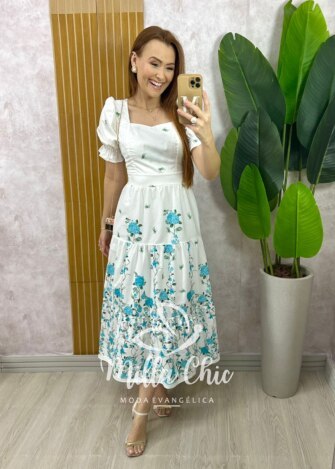 Vestido Jasmine em Tricoline Algodão - Azul Acqua - Milla Chic
