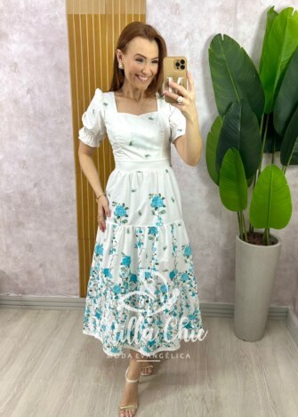 Vestido Jasmine em Tricoline Algodão - Azul Acqua - Milla Chic