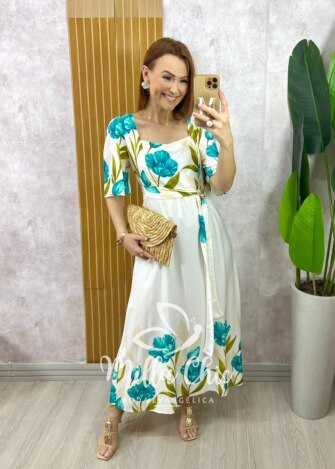 Vestido Laura em Viscosarja - Estampa Azul Ciano - Milla Chic