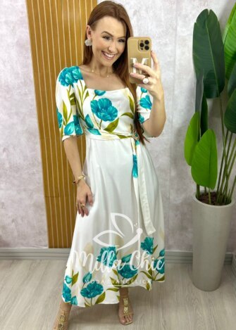 Vestido Laura em Viscosarja - Estampa Azul Ciano - Milla Chic