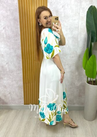 Vestido Laura em Viscosarja - Estampa Azul Ciano - Milla Chic