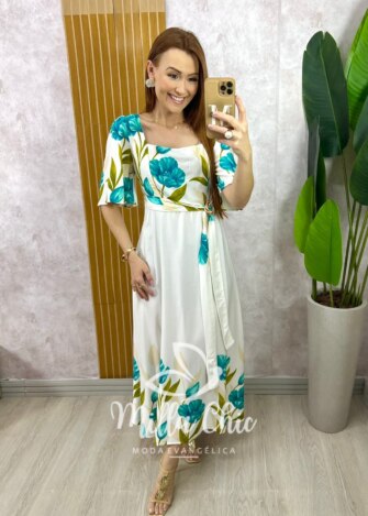 Vestido Laura em Viscosarja - Estampa Azul Ciano - Milla Chic