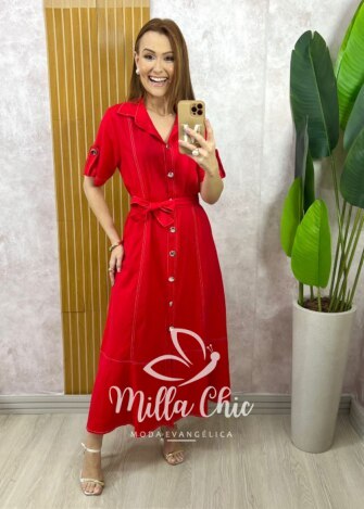 Vestido Lavínia em Linho - Cereja - Milla Chic